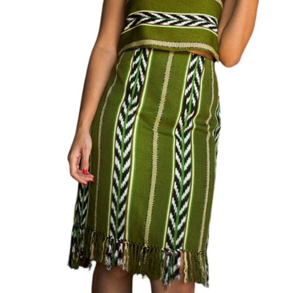 Casa Maestros Hand-Woven Ikat Skirt Green Fringe Guatemalan Naturally Dyed M